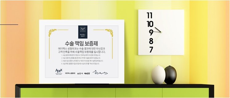 진료실 벽에 걸린 수술 책임 보증제 액자와 흰 벽시계