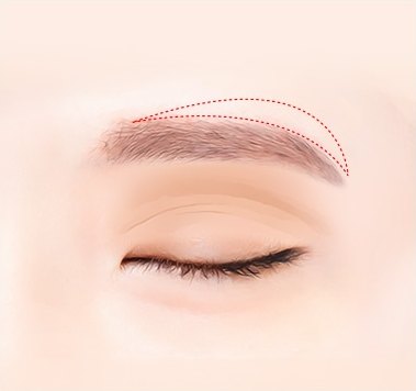 감은 눈 위 눈썹을 따라 빨간 점선 두 줄로 절개 디자인을 그려 넣은 일러스트