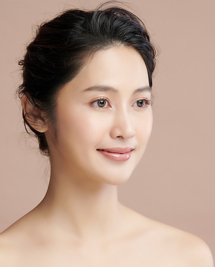 머리를 뒤로 올려 정리한 여성이 옅게 미소 지으며 화면 왼쪽을 바라보는 눈매 클로즈업 모델 컷