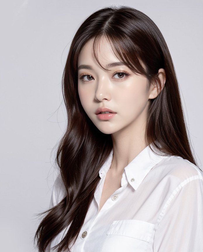 흰 셔츠를 입은 여성 모델이 카메라를 바라보는 상반신 뷰티 컷 — 또렷한 눈매를 보여주는 이미지