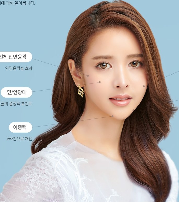 긴 갈색 웨이브 머리의 여성 모델이 정면을 바라보는 상반신 컷 — 시술부위 안내 다이어그램의 기준 이미지