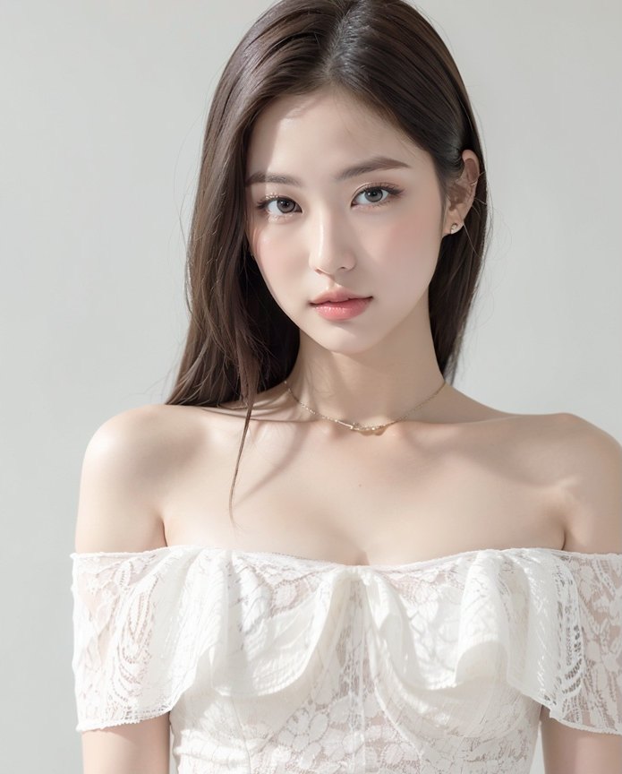오프숄더 흰 레이스 드레스를 입은 여성 모델의 상반신 정면 사진