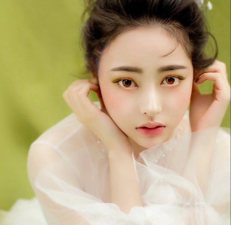 양손으로 귀 옆 머리를 매만지는 여성 모델의 얼굴 클로즈업 사진