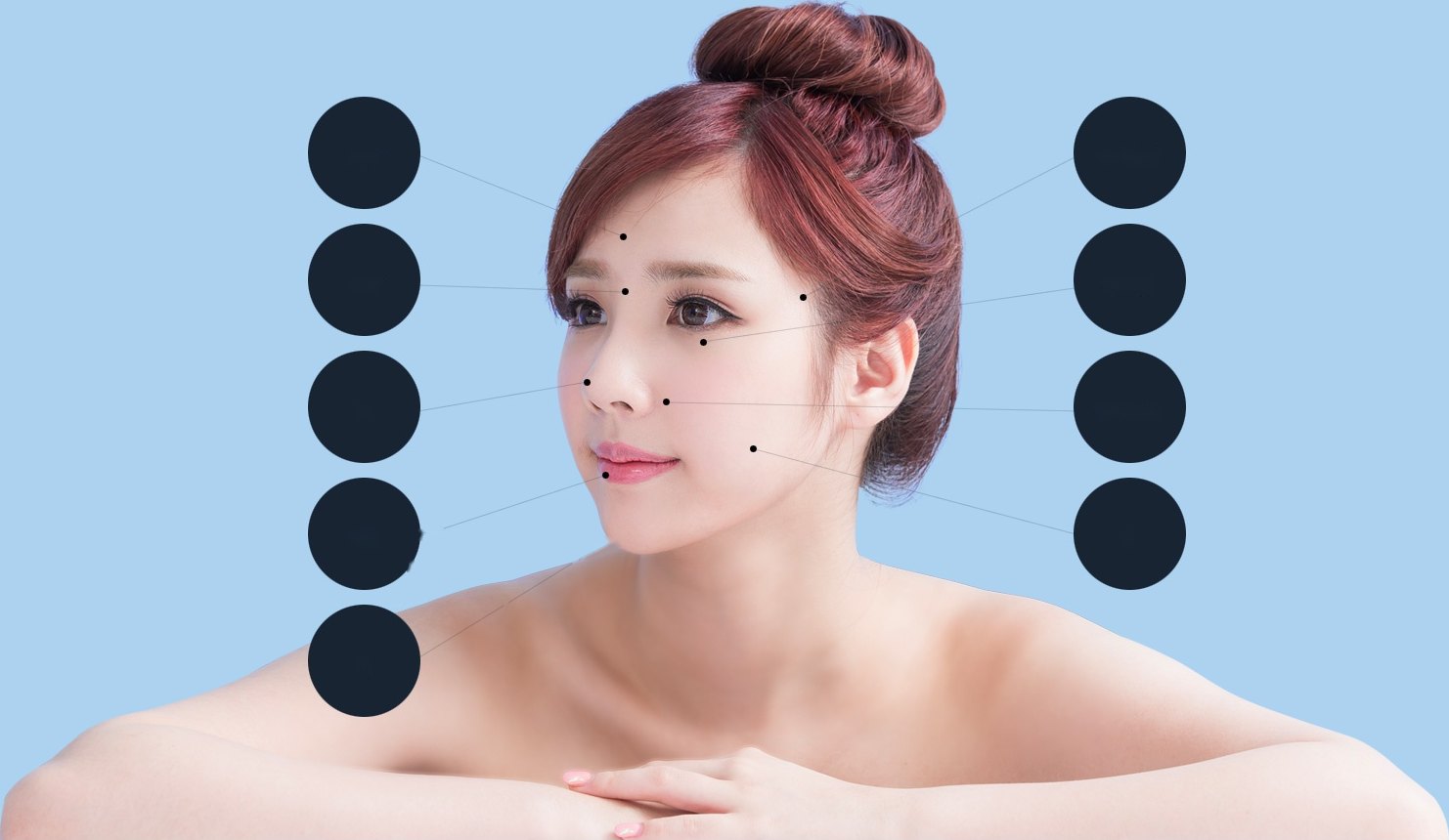 에이펙스 필러 시술부위 도해 — 머리를 올려 묶은 여성 모델의 상반신 사진 위에 이마·미간·코·입술·턱·관자놀이·애교살·팔자주름·볼 아홉 부위를 지시선과 원형 배지로 표시했다