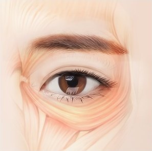 같은 눈 클로즈업 위에 상안검거근·안륜근 등 눈 주위 근육 섬유를 살구빛으로 겹쳐 그린 이미지