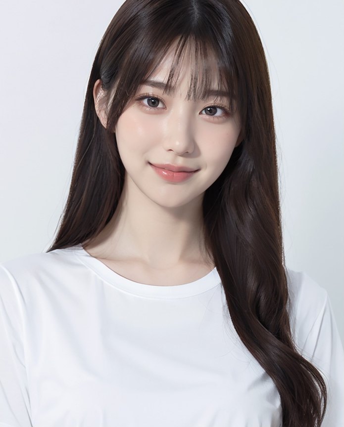 흰 반팔 티셔츠를 입고 정면을 바라보며 옅게 미소 짓는 긴 생머리 여성 모델