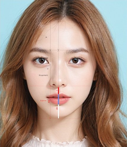 정면을 보는 여성 모델의 얼굴에 가로·세로 계측 보조선과 인중 길이 눈금이 표시된 사진