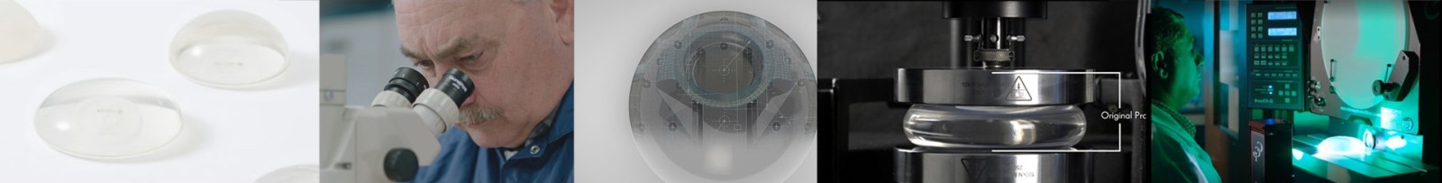 보형물 제조·검사 공정 몽타주 5컷 — 보형물 제품컷, 현미경 검사, 계측 CG 도해, 압축 시험기, 광학 검사 장비
